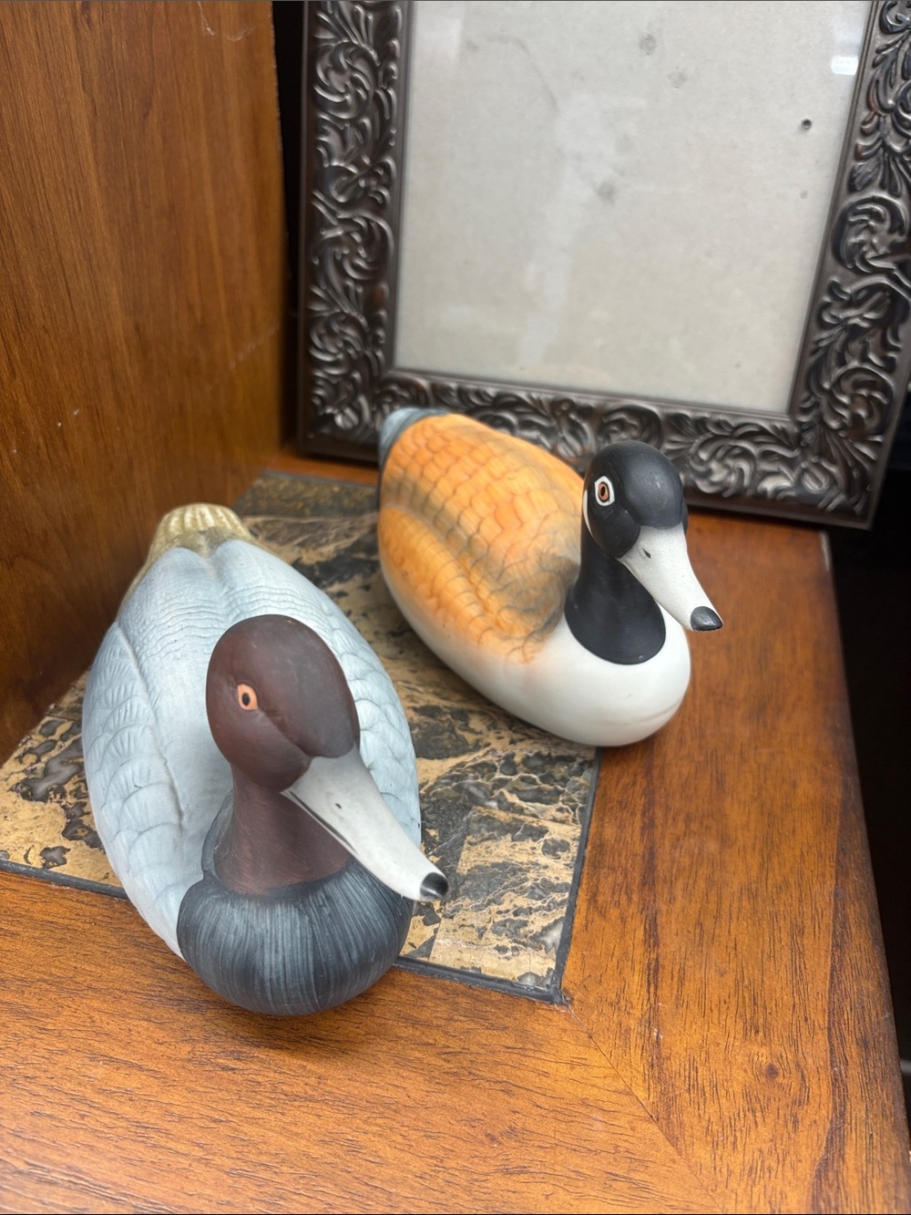 Decorative Hand-Painted Duck Figurines in Blue and Orange